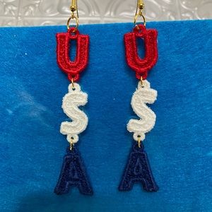 Handmade Embroidered Patriotic USA free standing lace earrings